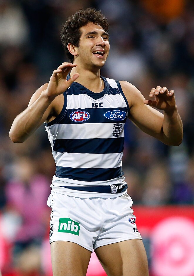 AFL 2016 Rd 19 - Geelong v Western Bulldogs GEELONG, AUSTRALIA - JULY 29: Nakia Cockatoo of the Cats celebrates during the 2016 AFL Round 19 match between the Geelong Cats and the Western Bulldogs at Simonds Stadium on July 29, 2016 in Geelong, Australia. (Photo by Adam Trafford/AFL Media)